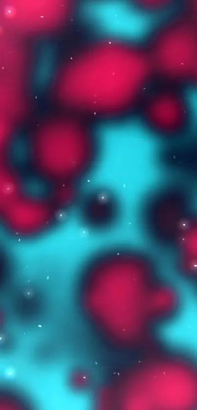 Abstract teal and red mobile phone wallpaper with fluid shapes.