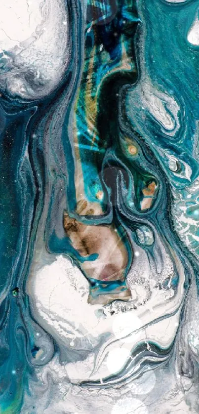 Abstract teal and white fluid art wallpaper with vibrant patterns.