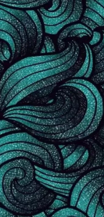 Teal wave pattern wallpaper with flowing abstract lines.