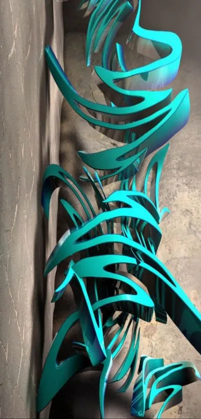 Abstract teal art on textured wall background.
