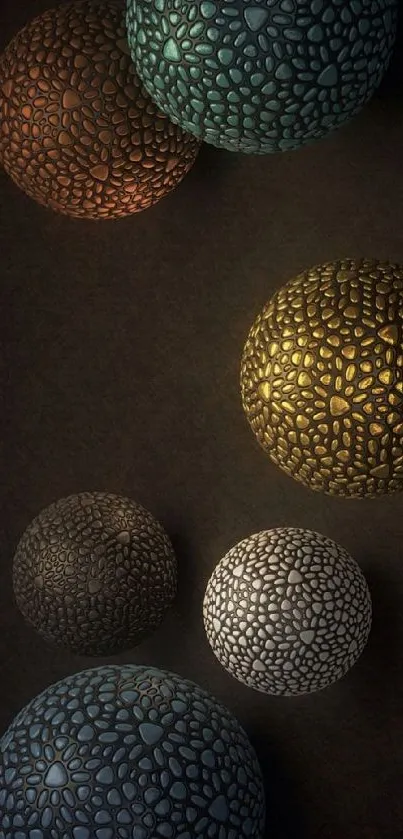 Abstract wallpaper with textured spheres on a dark background.