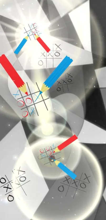 Abstract wallpaper featuring tic tac toe with geometric and colorful elements.