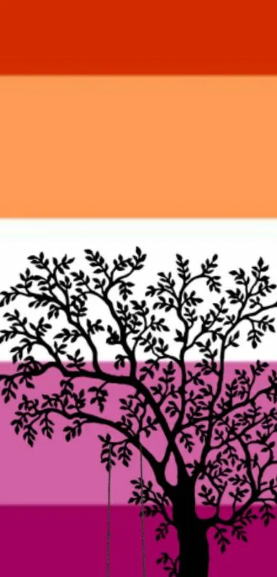 Tree silhouette on colorful striped background wallpaper.