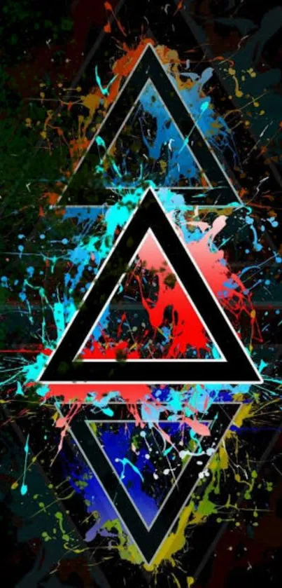 Abstract triangle splash art with vibrant colors on a dark background.