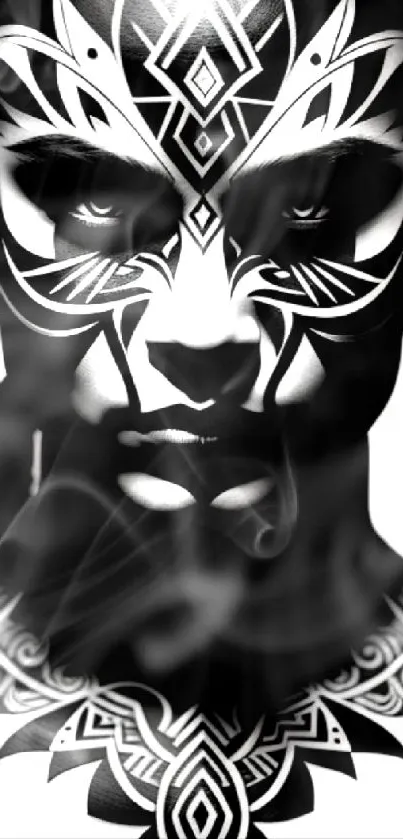 Abstract black and white tribal face art wallpaper with geometric patterns.