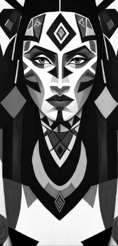 Monochrome tribal abstract portrait phone wallpaper.