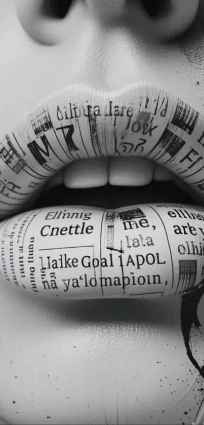 Abstract typography on lips in monochrome art.