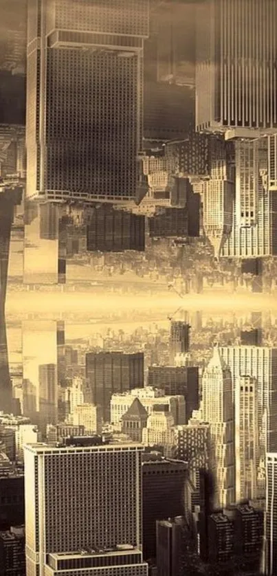 Abstract cityscape in sepia tone with vertical symmetry.