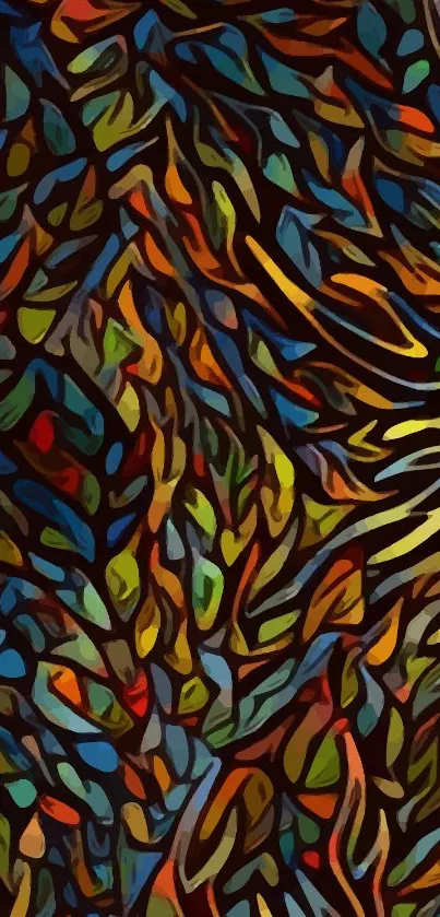 Abstract vibrant leaves in earthy tones wallpaper.