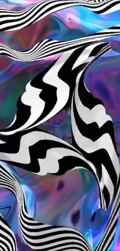 Abstract black white waves on colorful background.