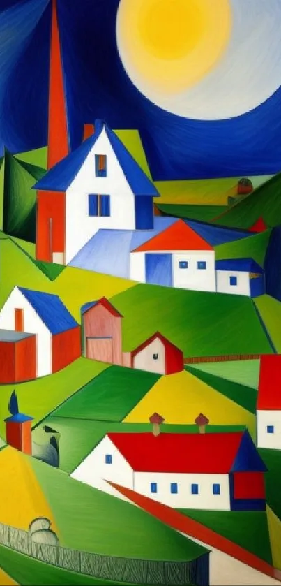Colorful abstract village art with geometric shapes and moonlit sky.
