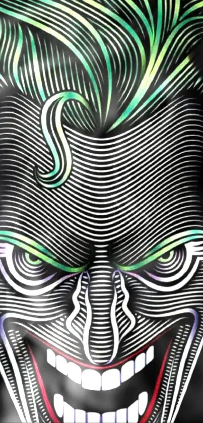 Abstract villain face design with green lines and intricate details.