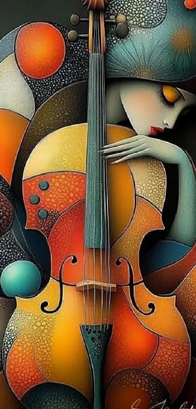 Abstract art wallpaper featuring a violin composition with vibrant colors.