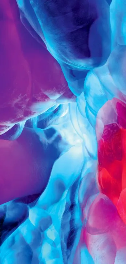 Vibrant abstract ice cavern in blue, purple, and red hues, perfect for mobile screens.