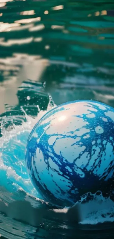 Abstract blue ball splashing in water with vibrant ripple effects.