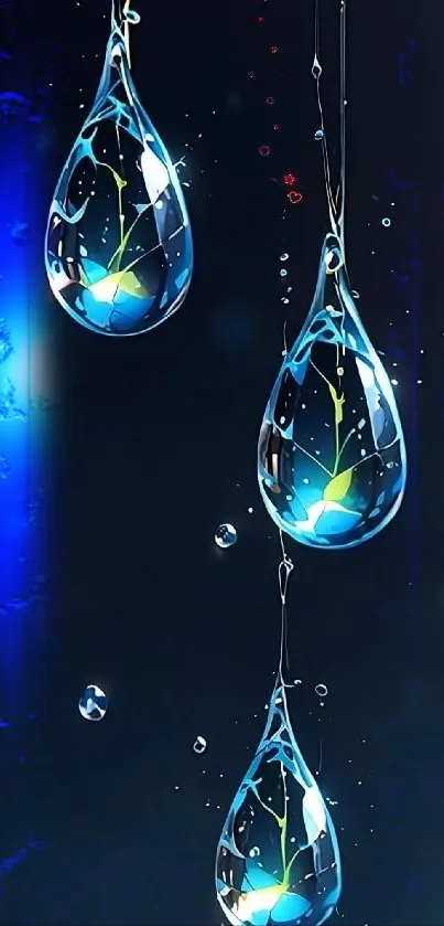 Abstract blue water droplets art wallpaper with dark background.