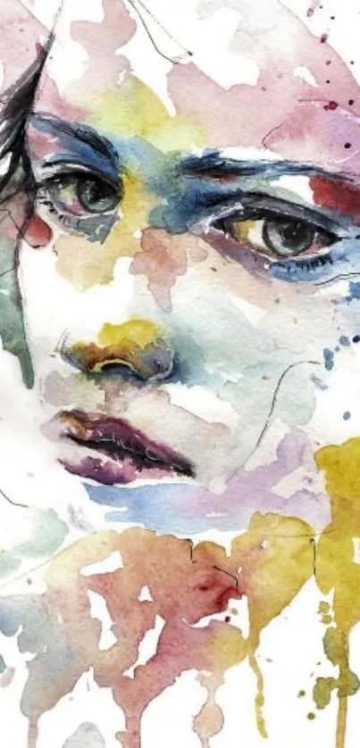 Abstract watercolor portrait with vibrant colors and artistic splashes.