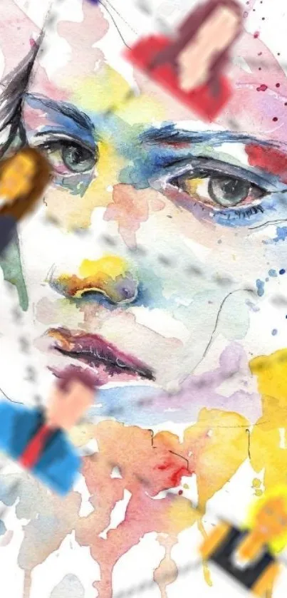 Vibrant watercolor portrait with abstract face design.