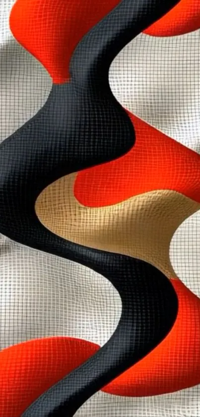 Abstract wave design with red, black, and gold colors.