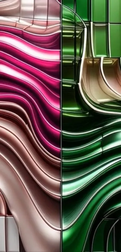 Abstract pink and green wave glass design wallpaper.