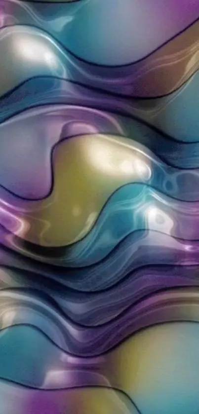 Vibrant abstract wave pattern in blue, purple, and gold for mobile wallpaper.