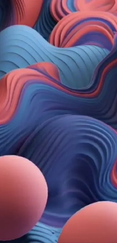 Abstract waves and spheres in blue and pink for mobile wallpaper.