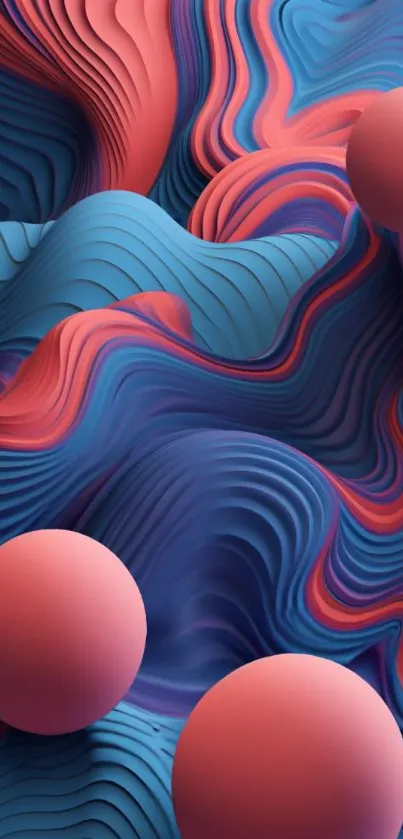 Abstract 3D wallpaper with vibrant waves and spheres in blue and pink hues.