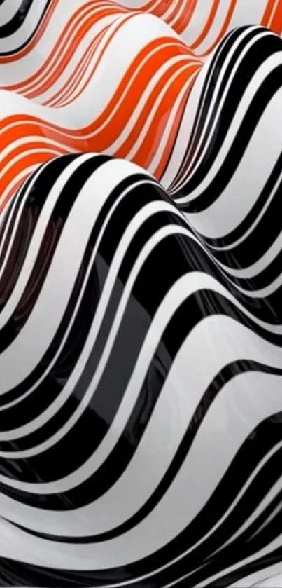 Abstract wavy striped wallpaper in black, white, and orange.