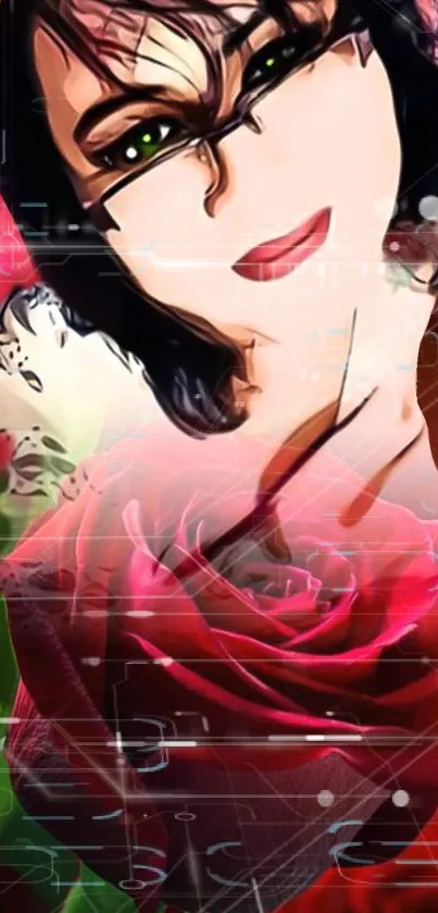 Abstract artwork of a woman with roses in vibrant colors.