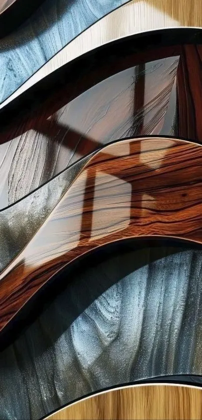 Abstract wood and metal wave pattern with lighting reflections.