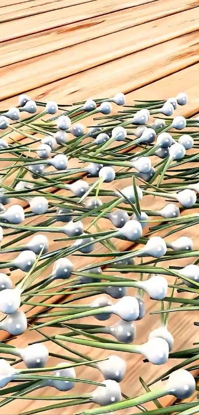 Abstract wooden pattern with beads on surface.