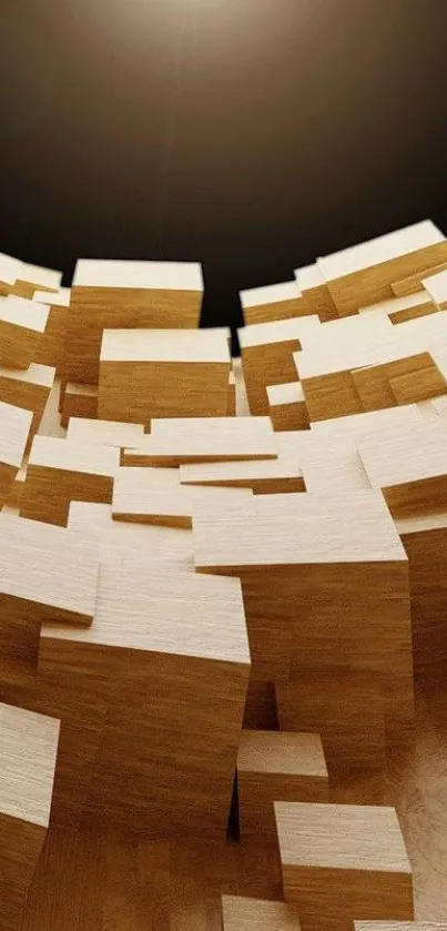 Abstract artwork with wooden blocks creating depth and contrast.