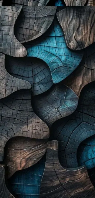 Abstract wooden pattern with blue elements in artistic design.