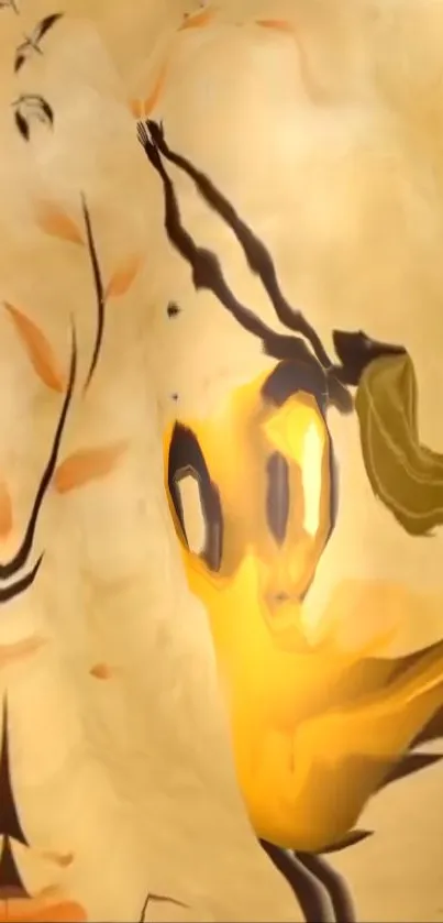 Abstract yellow artwork with flowing shapes.