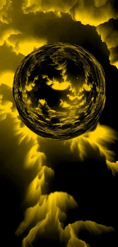 Abstract yellow orb with dynamic textures on a black background.