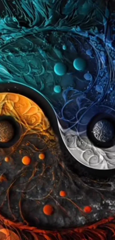 Abstract Yin Yang with cosmic design and vibrant colors.