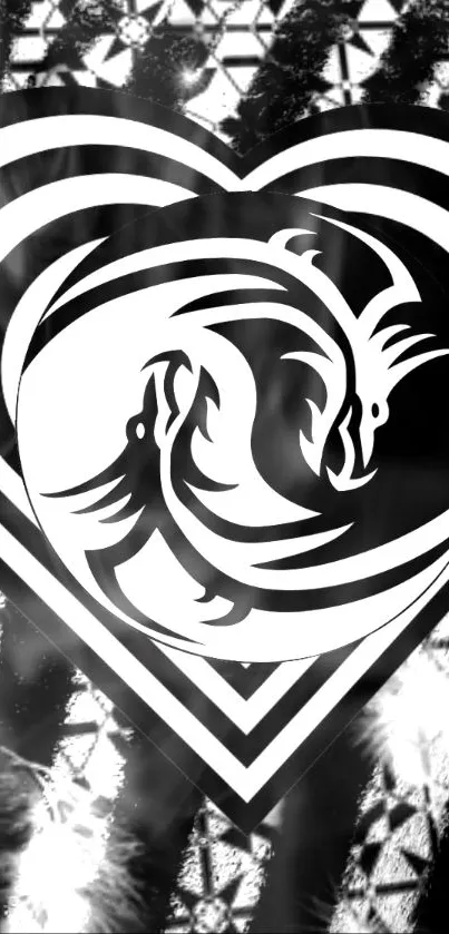 Black and white abstract yin yang heart design mobile wallpaper.