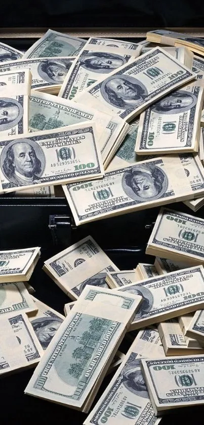 Pile of cash scattered across a surface, featuring various denominations.