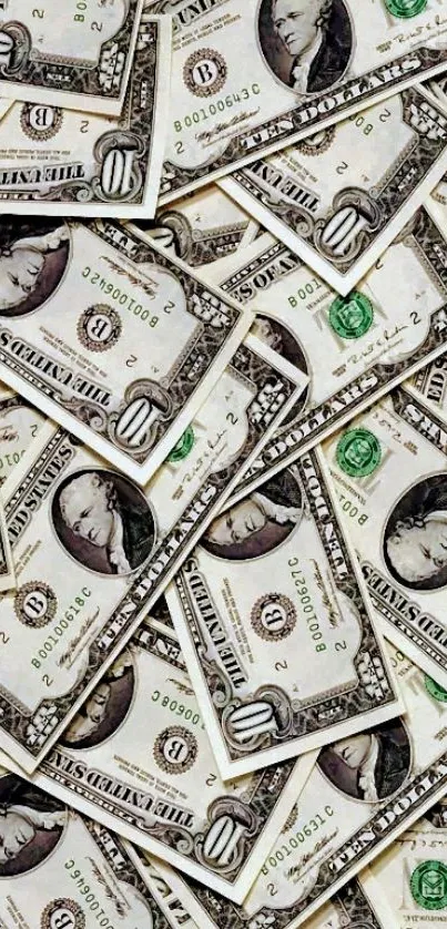 A vibrant mobile wallpaper of scattered dollar bills creating a financial theme.