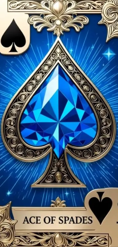Ace of Spades with blue gemstone and ornate gold design.