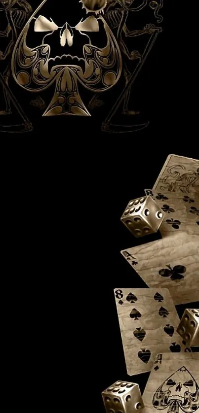 Gothic-themed ace of spades with dice and skeletons on a black background.