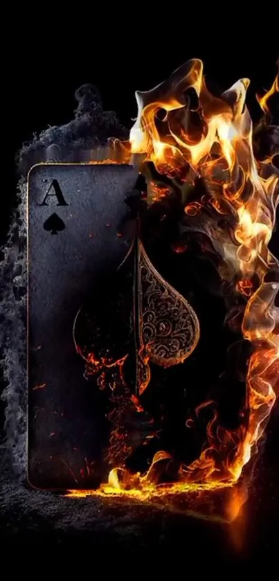 Ace of Spades on fire with dark background and detailed flame effects.