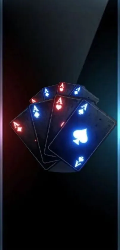 Neon ace playing cards wallpaper with red and blue lights.