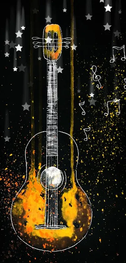 Artistic guitar with musical notes and yellow splash on black background.