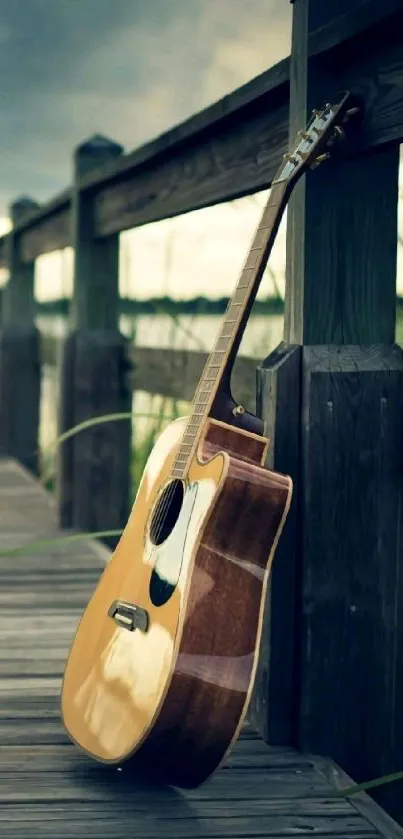 Acoustic guitar leaning on a wooden bridge, surrounded by nature.