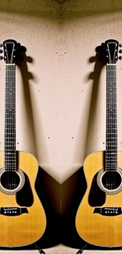 Mirrored acoustic guitars with beige background.