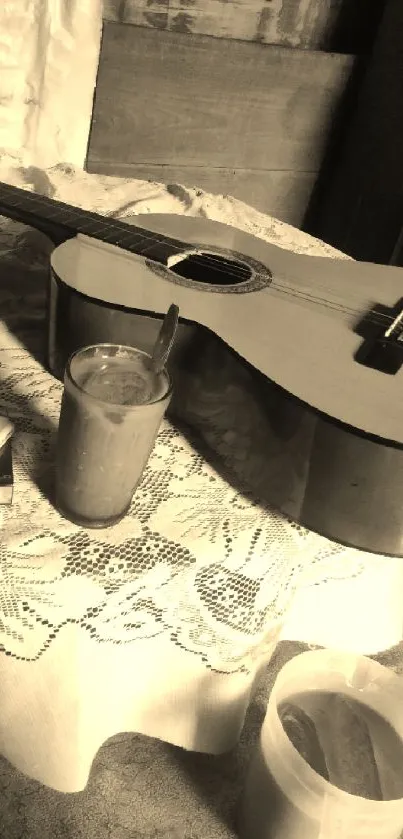 Warm-toned rustic acoustic guitar on table.