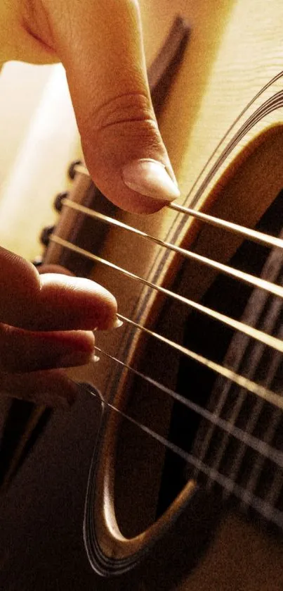 Close-up of a hand plucking acoustic guitar strings.