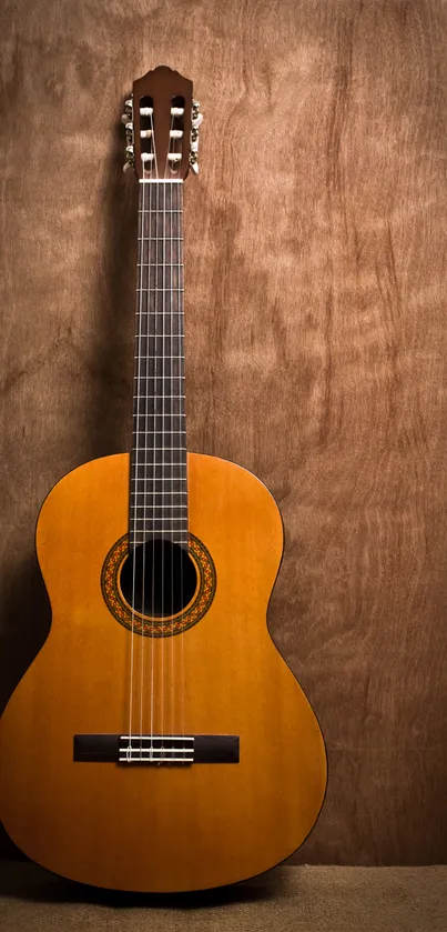 Warm brown acoustic guitar against wooden background.