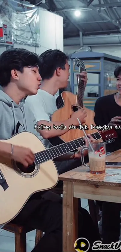 Three friends enjoying an acoustic jam session with guitars in a cozy setting.